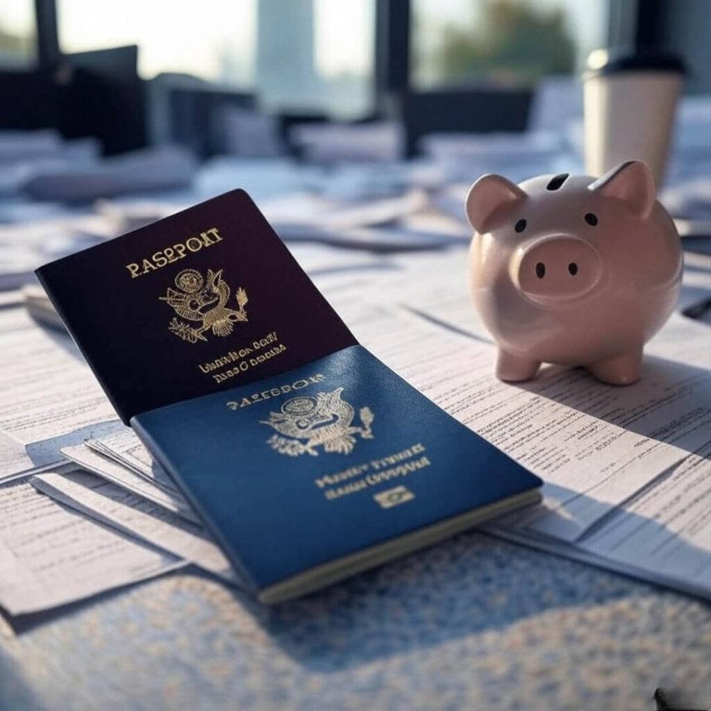 Expat desk passport piggy bank snapshot.