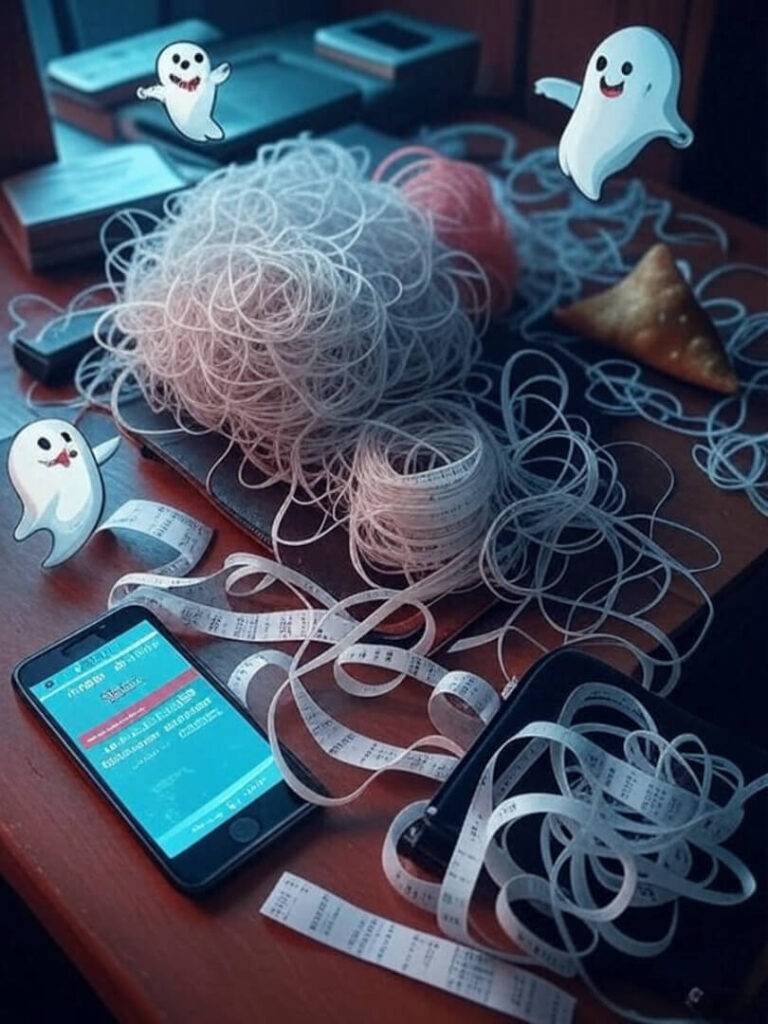 Tangled receipts, samosa, glitching phone, hidden fee ghosts.