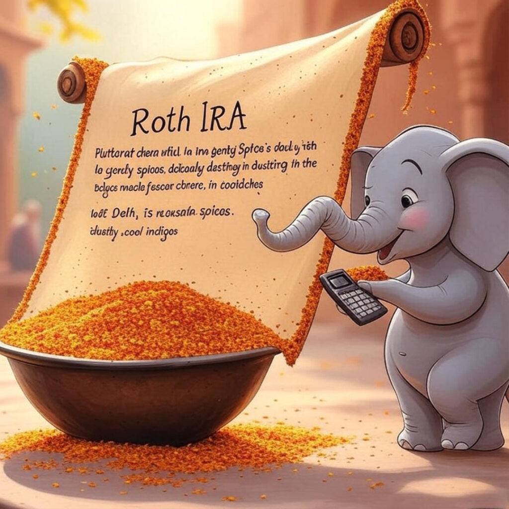Roth IRA flutters in Delhi breeze with elephant calculator grab.