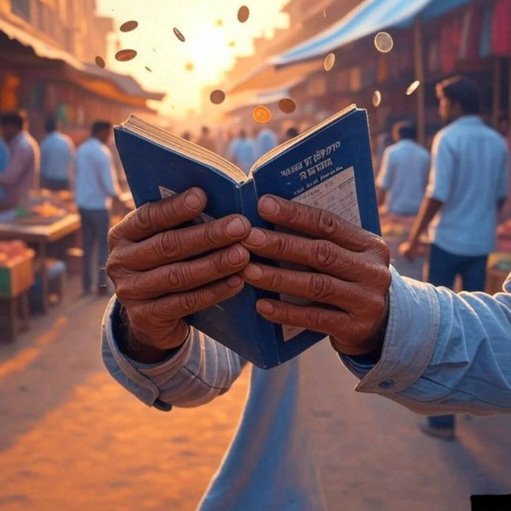 haky hands hold tax guidebook in chaotic market.