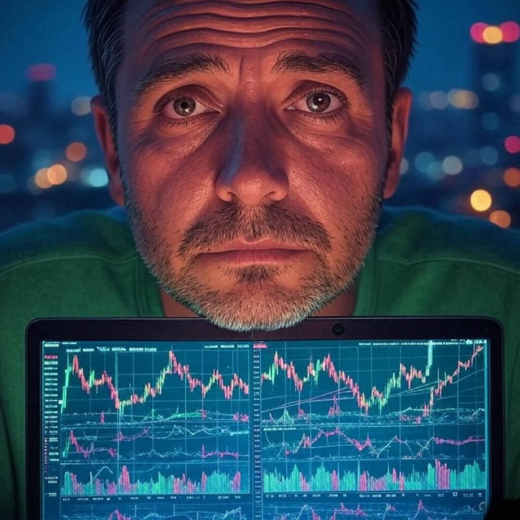 Tired eyes reflect stock charts, Hyderabad's lights blur behind.