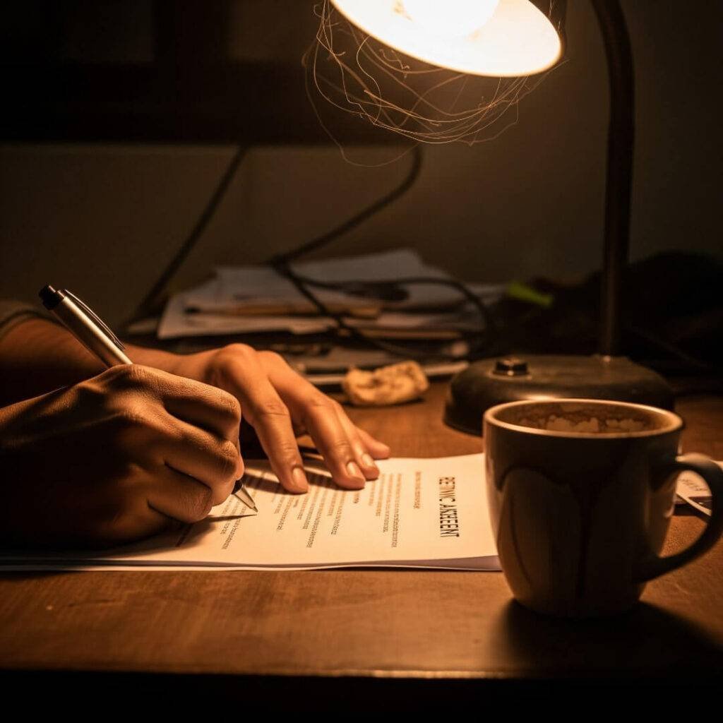Close-up of hands signing a refinance agreement.

