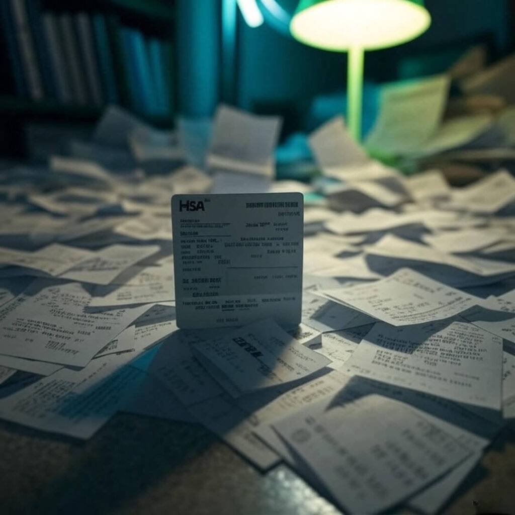 Chaotic desk with HSA card, neon green glow.
