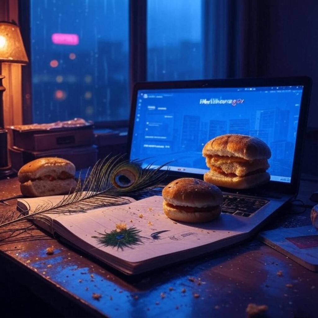 Cluttered Mumbai desk with laptop, vada pav, feather.