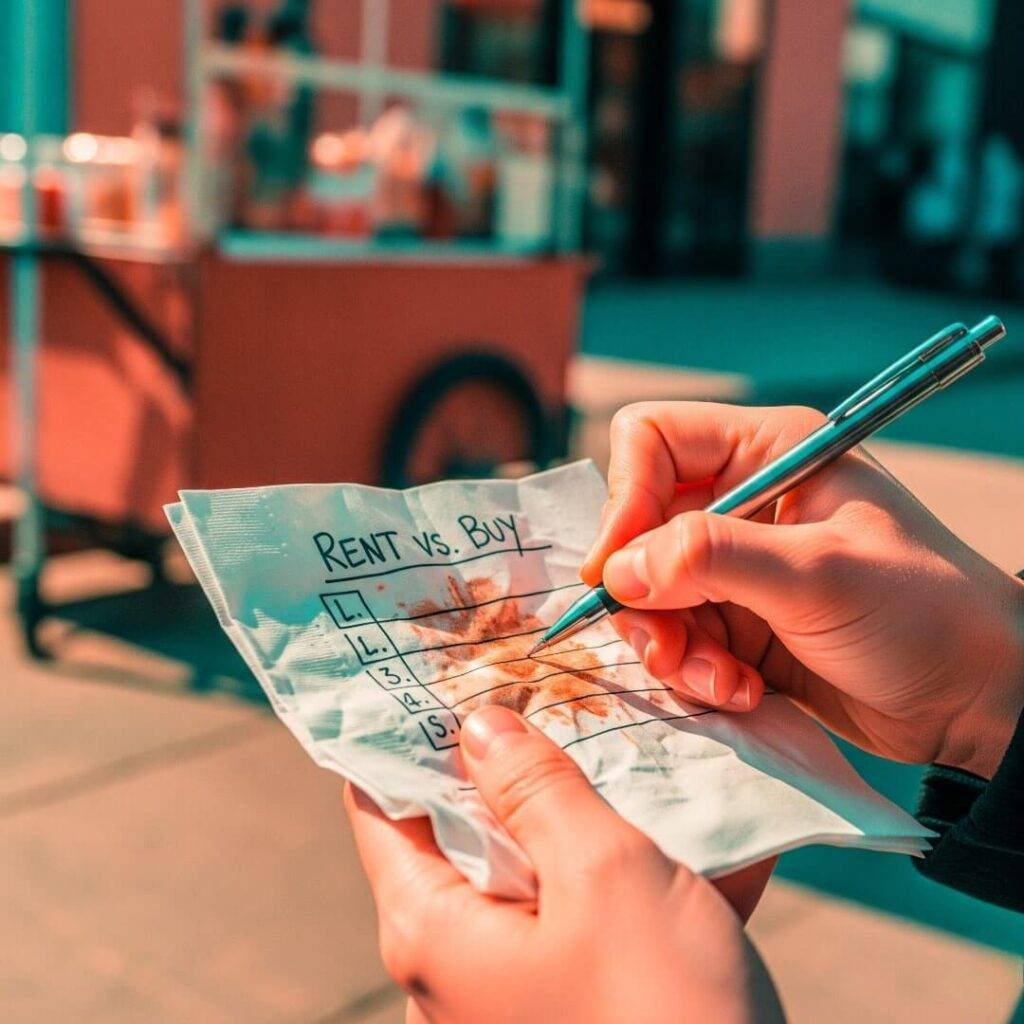 Person writing "Rent vs. Buy" on a napkin.

