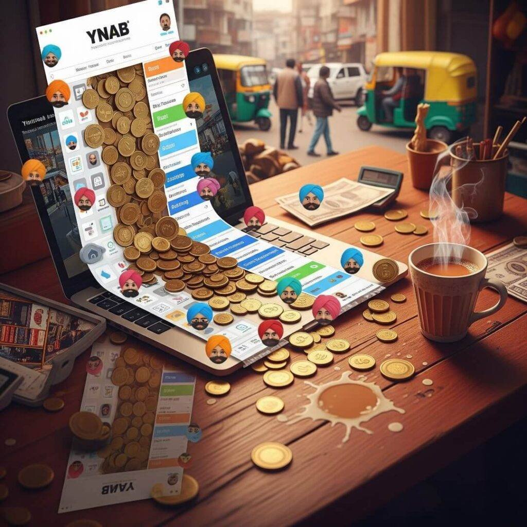 YNAB chaos with rupee coins, chai, and turbans.

