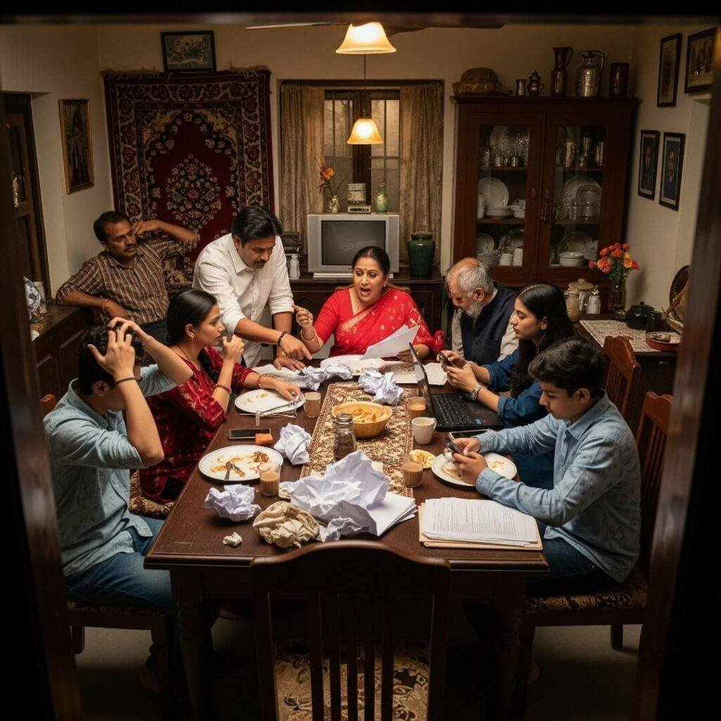 Indian family arguing at dining table.
