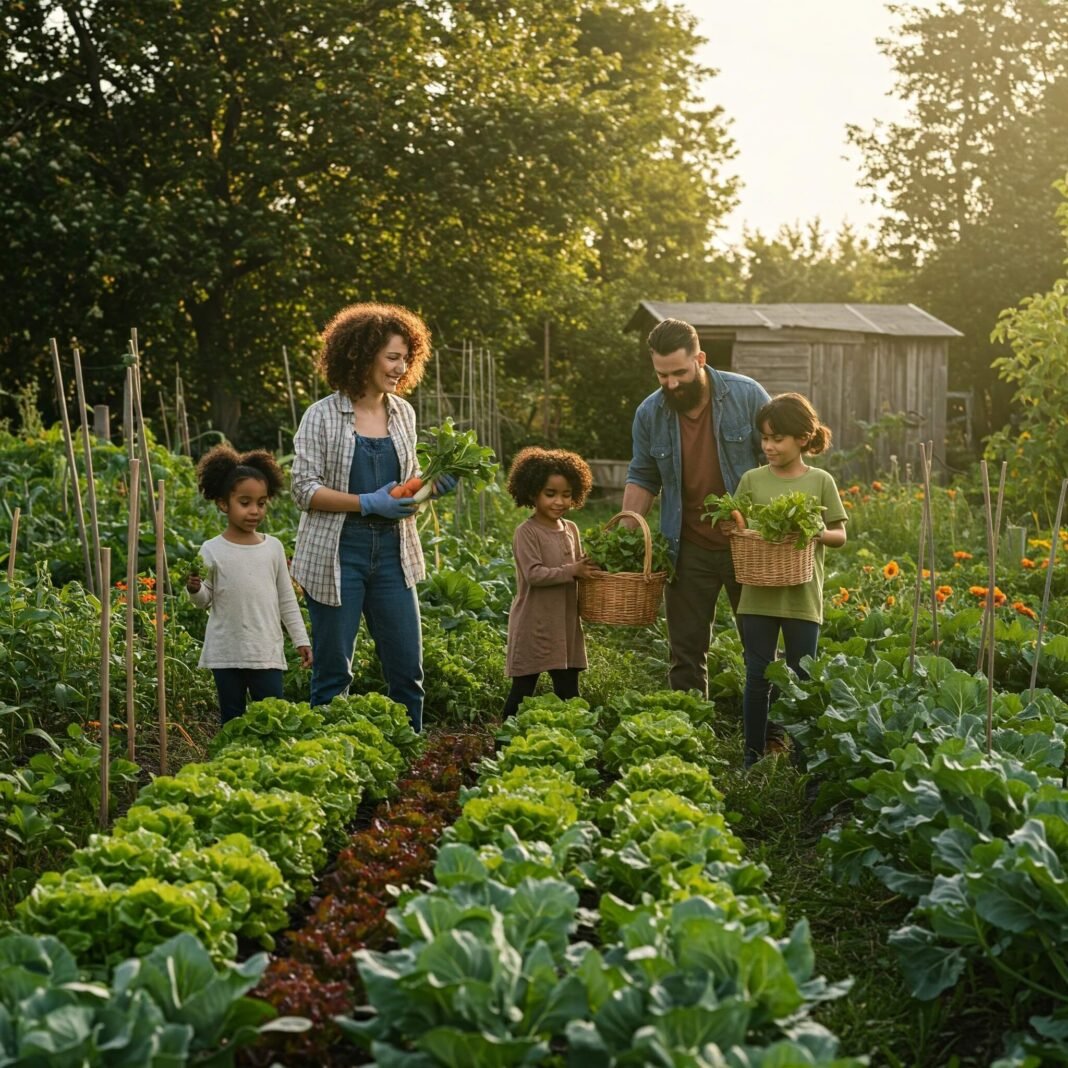 Family harvests eco-friendly garden vegetables.