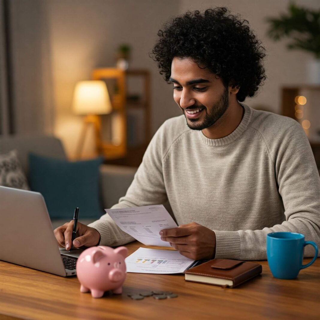 Smiling person budgeting at cozy home desk.