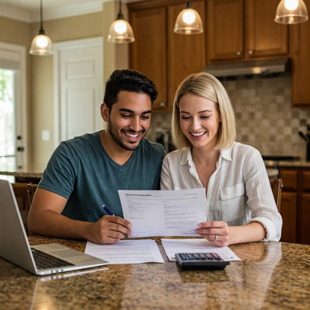Happy Couple Reviewing Mortgage Documents