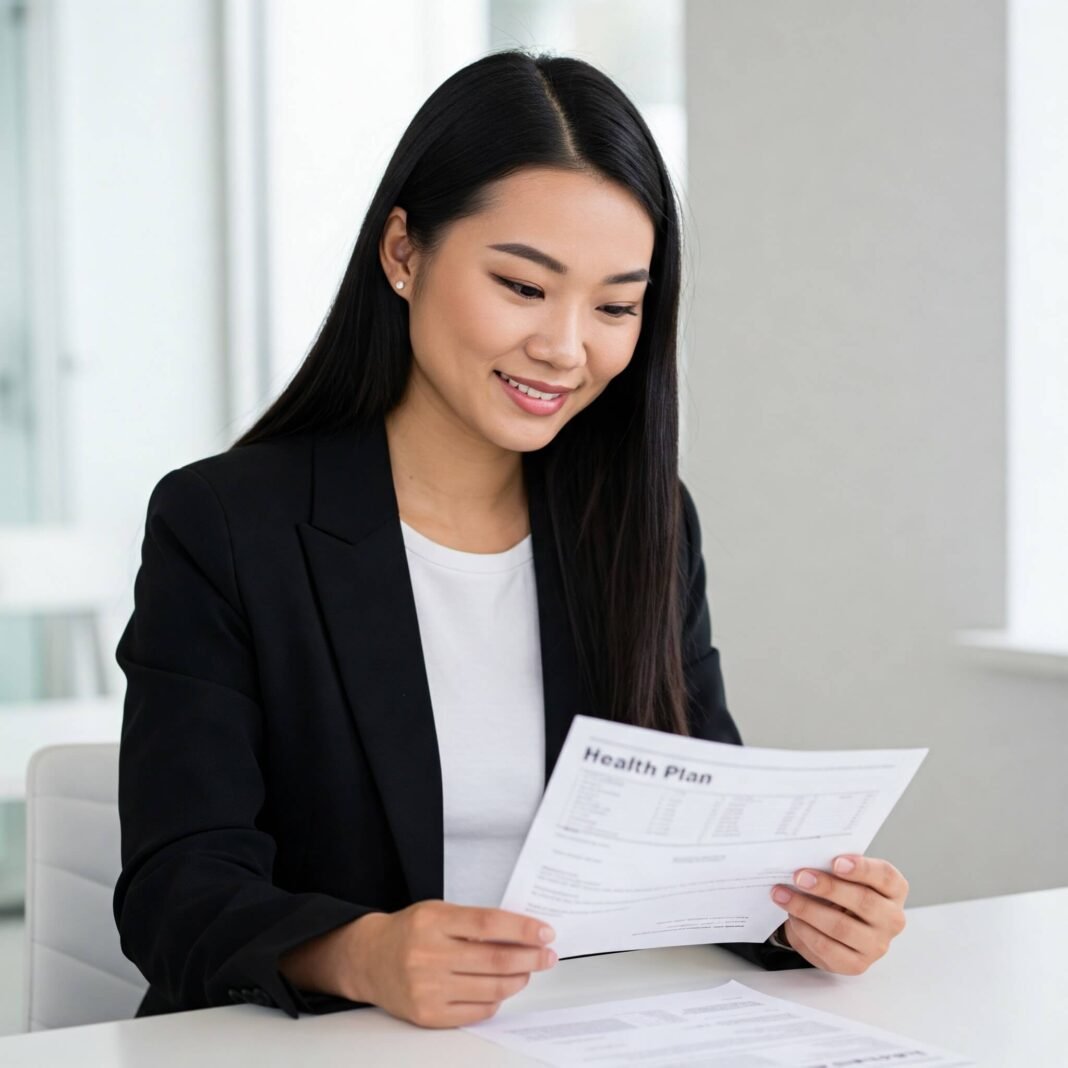 Smiling woman reviews health plan.