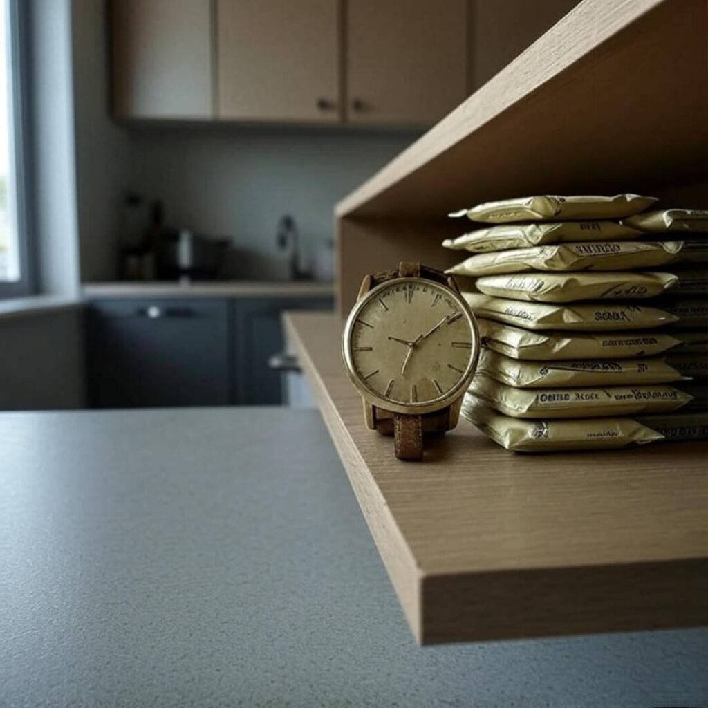 "Sad watch beside dal packets shelf."