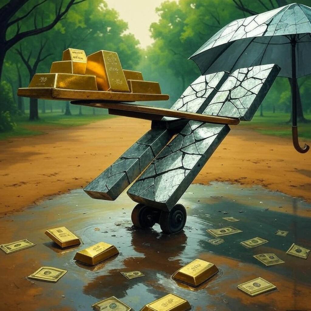 Seesaw with gold bars, cracked mirrors, rainy puddle.