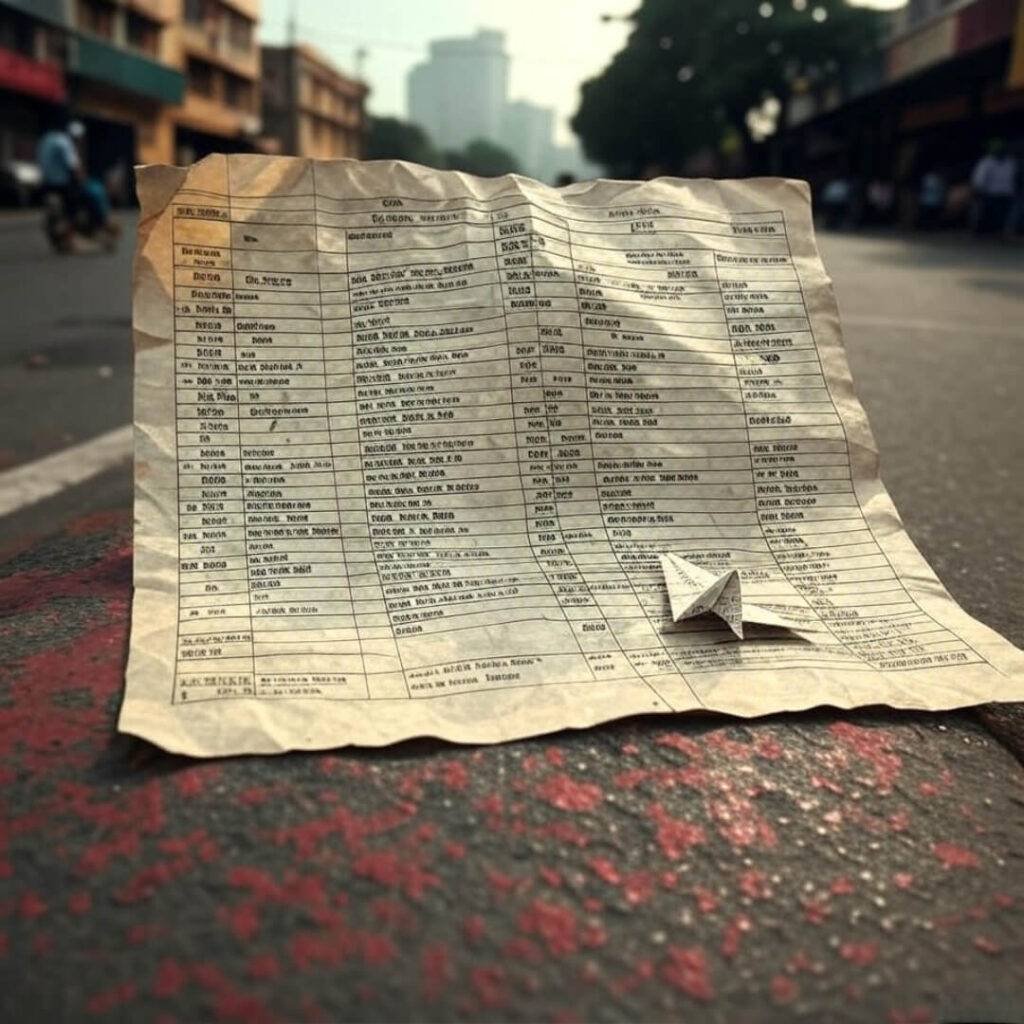 Crumpled financial plan on Mumbai street with paper airplane.