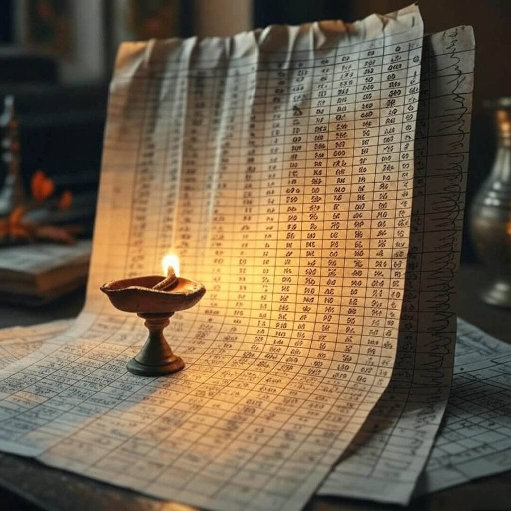 Crumpled spreadsheet, chai-stained, beside diya, stock tickers scribbled.