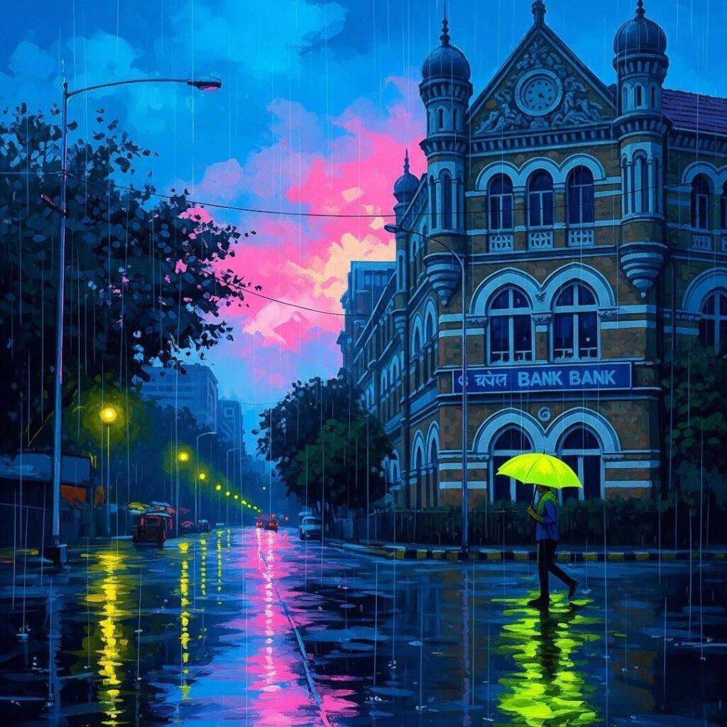 Painting of a Mumbai bank in monsoon rain.