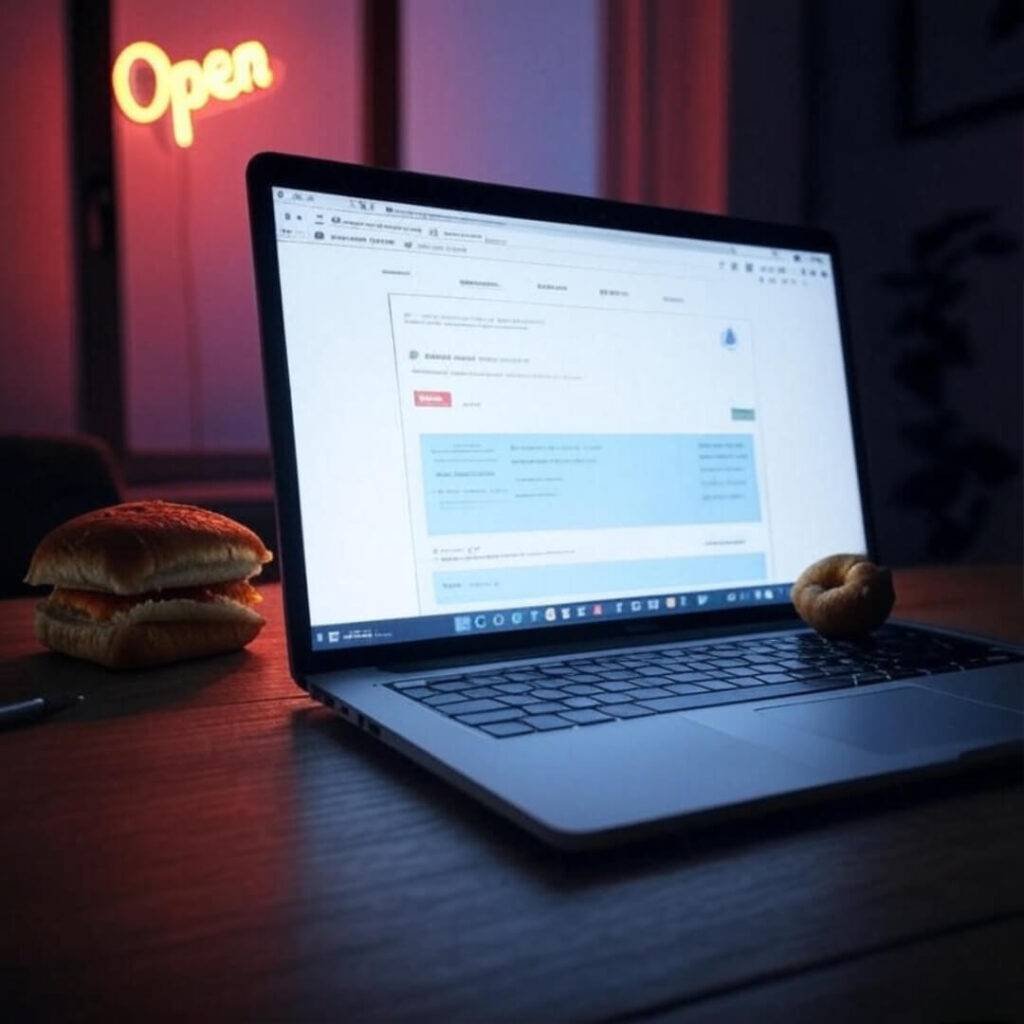 Laptop with vada pav, confusing insurance site.