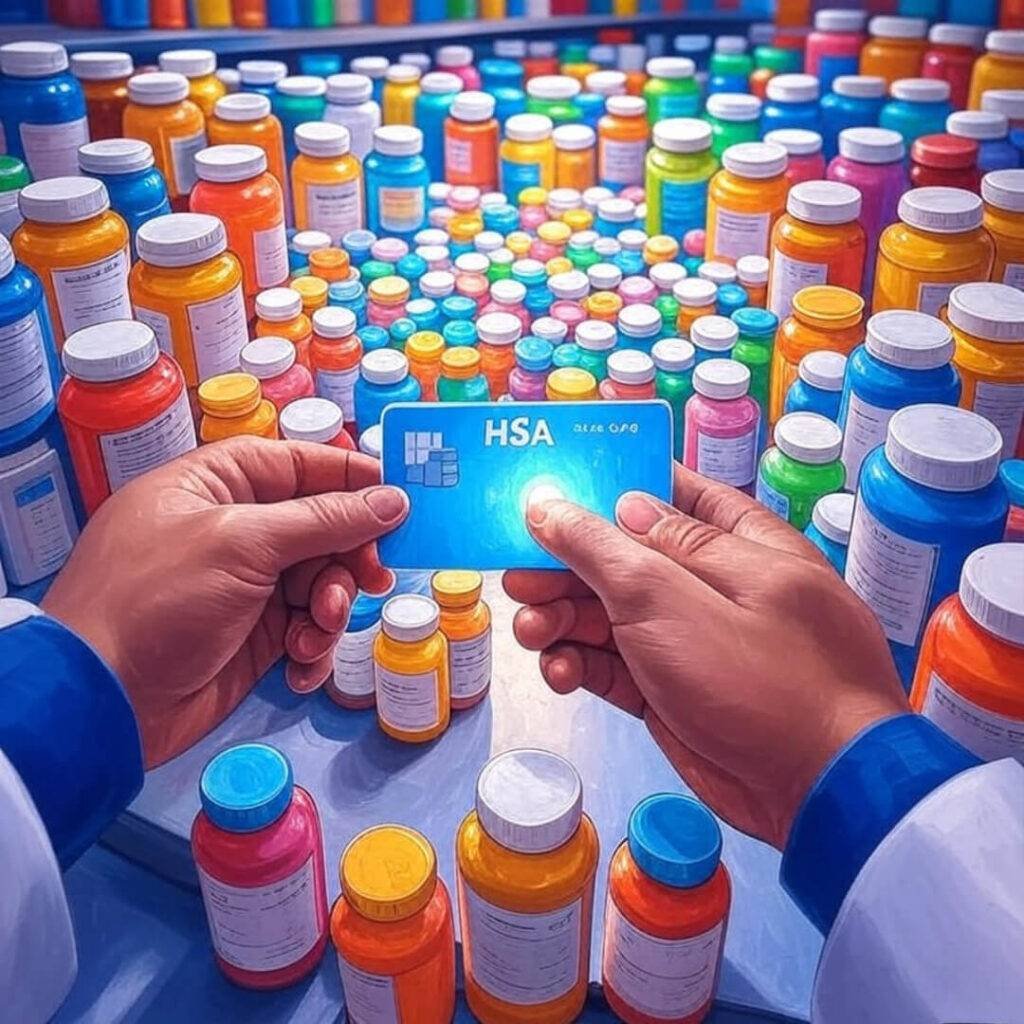 Vibrant Mumbai pharmacy, glowing HSA card in hand.