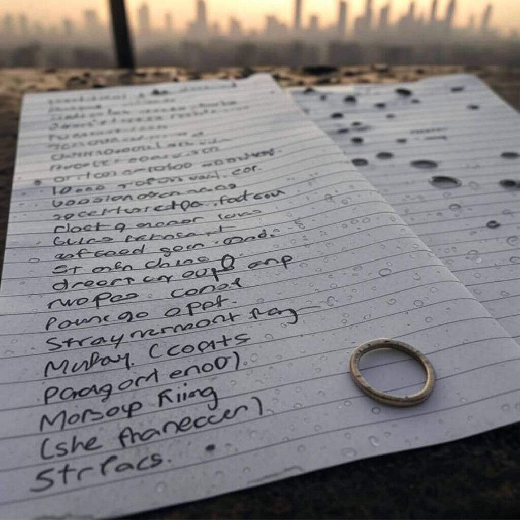 Smudged pros-cons list, raindrops, chai ring, Mumbai skyline.