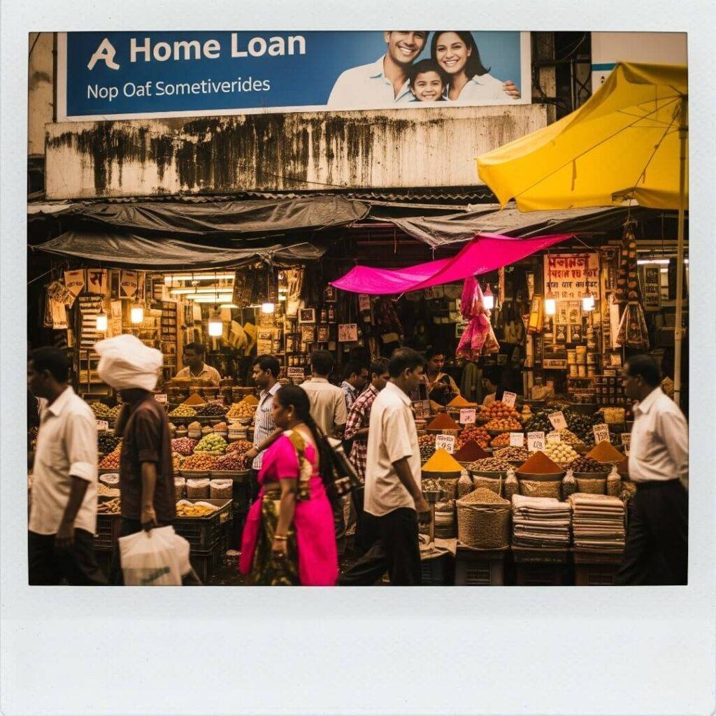 Faded home loan billboard over a busy market.