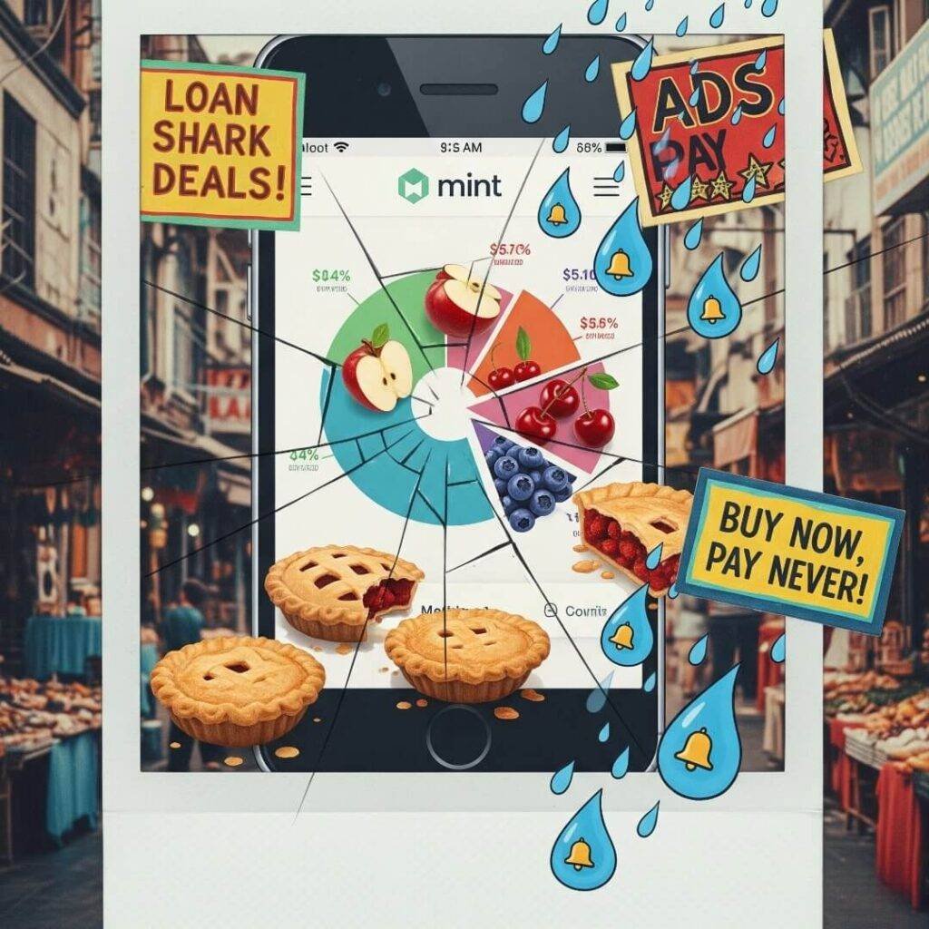 Mint's bazaar interface with pie charts as fruit pies.