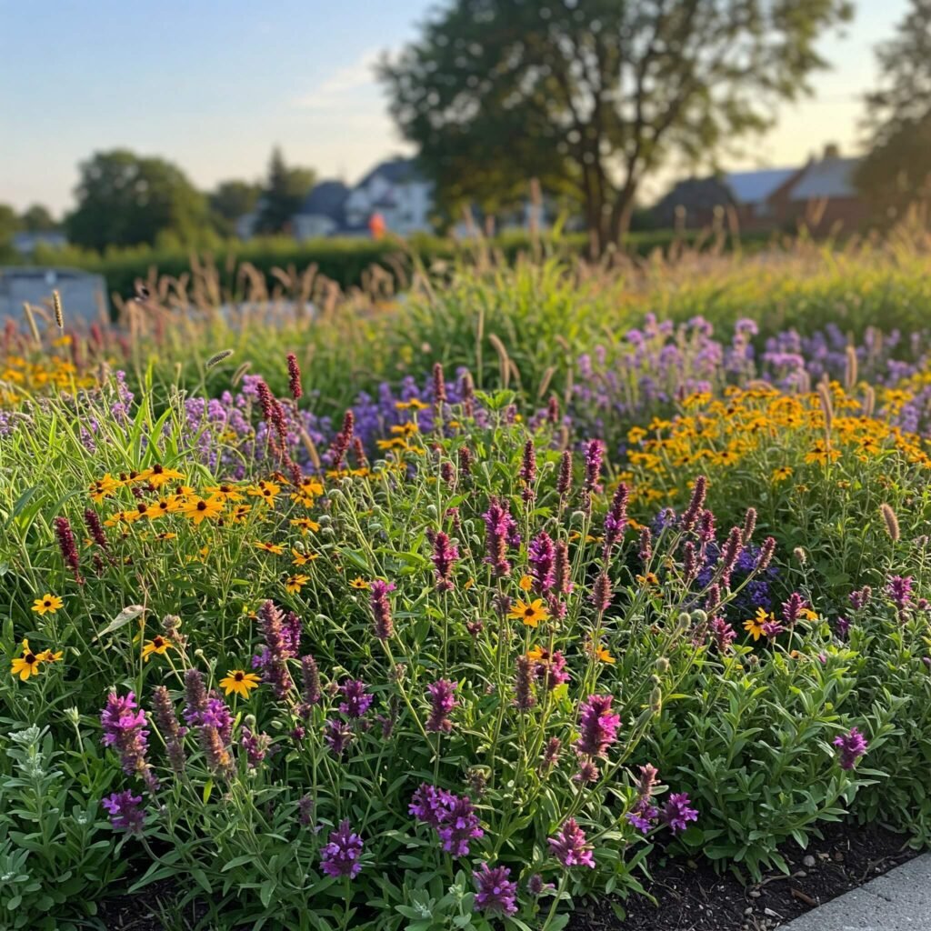 Colorful native wildflowers bloom in garden.