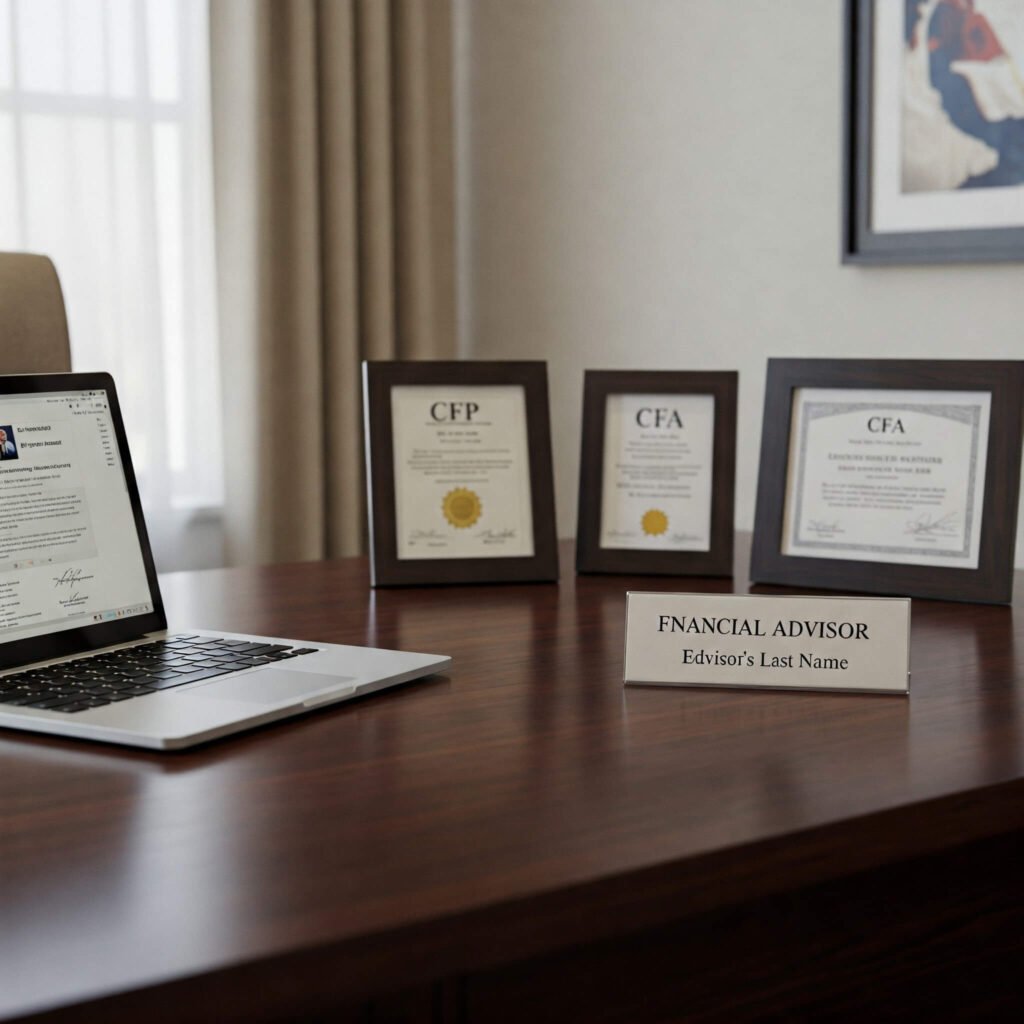 Advisor's desk with CFP and CFA certificates.