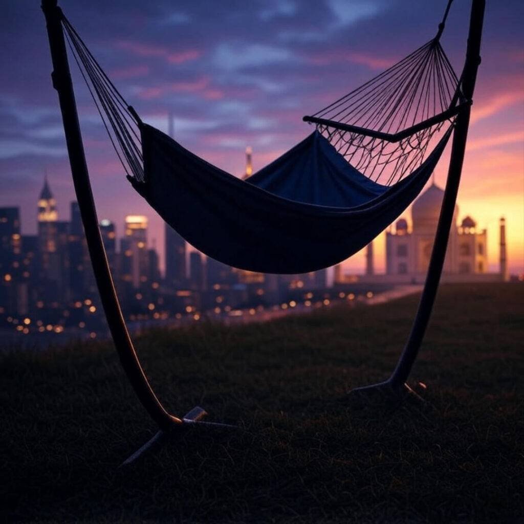 "Hammock between NYC and Taj skyline."