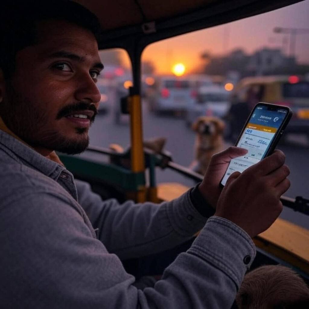 Blurred auto-rickshaw ride, phone tax app, Delhi traffic, dog peeks.