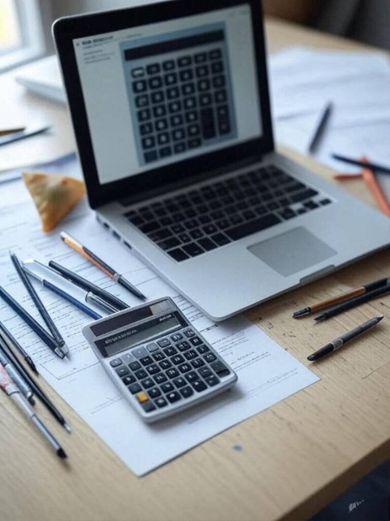 A desk with a glowing refinance calculator.