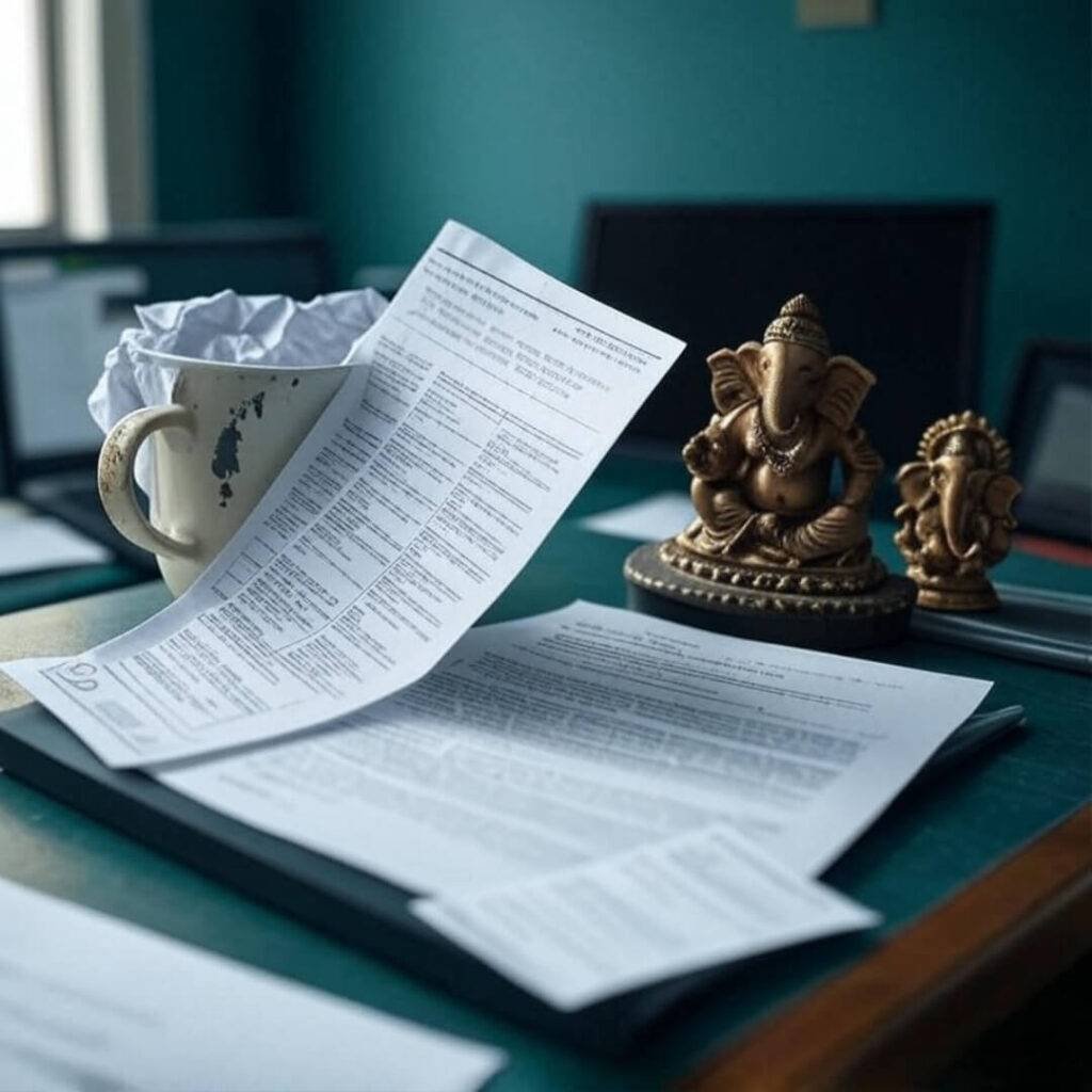 Cluttered desk, crumpled policy, Ganesh statue.