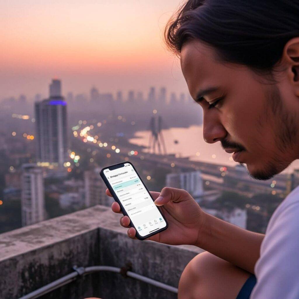 Person looking at a mortgage calculator at dusk.