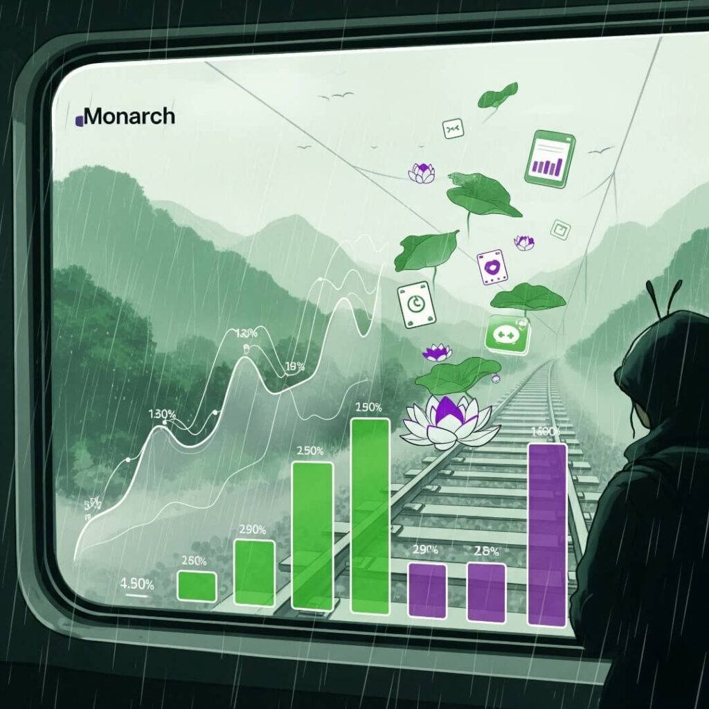 Monarch's journey, graphs in a train, rainy landscape.