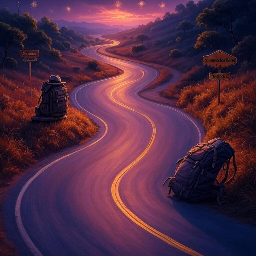 Forked road, backpack, signposts, fireworks, talking rupees.