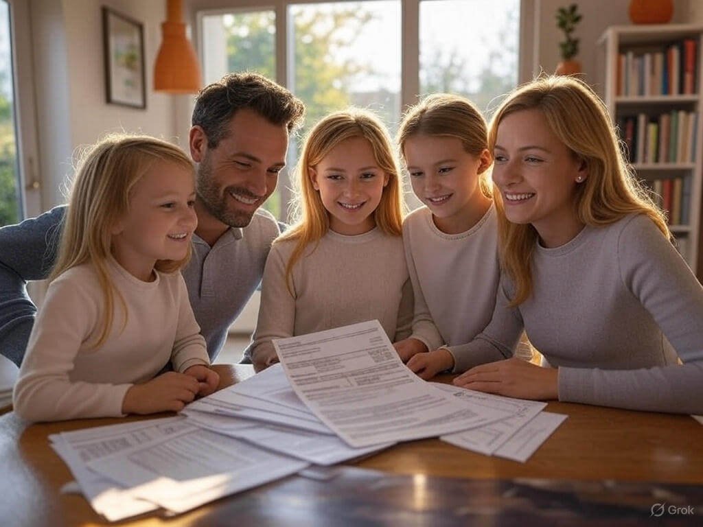 Happy family reviewing tax documents with optimism