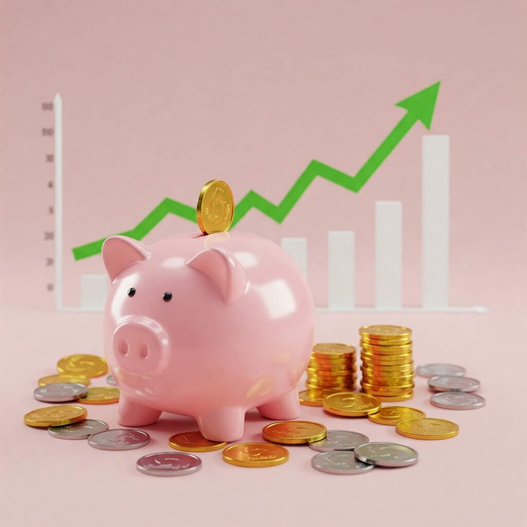 Piggy bank with coins and growth arrow.