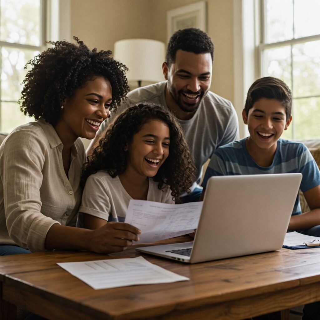 Family reviewing finances together.