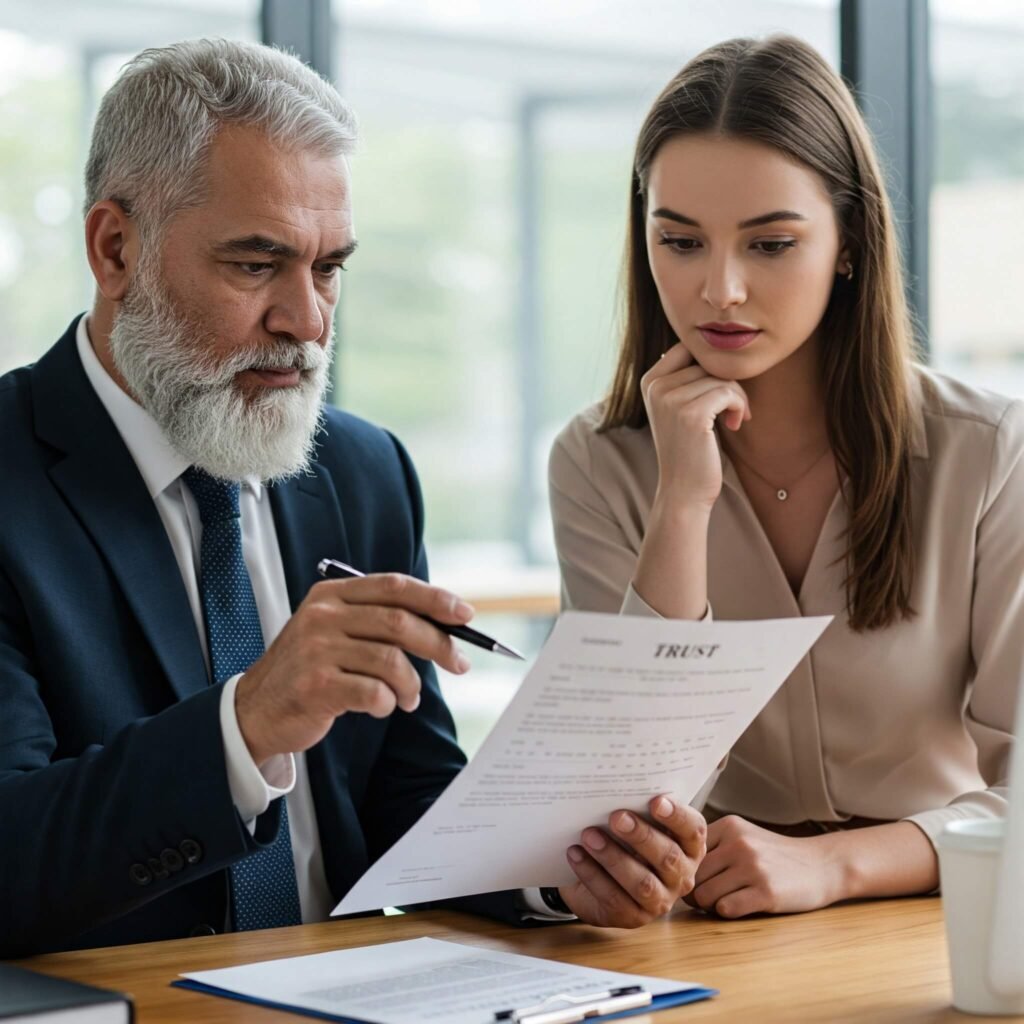 Trustee explaining trust document to client.
