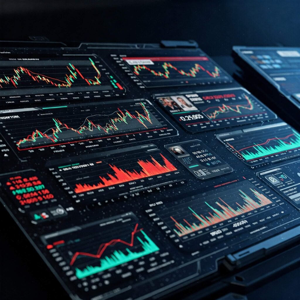 Futuristic market data dashboard.