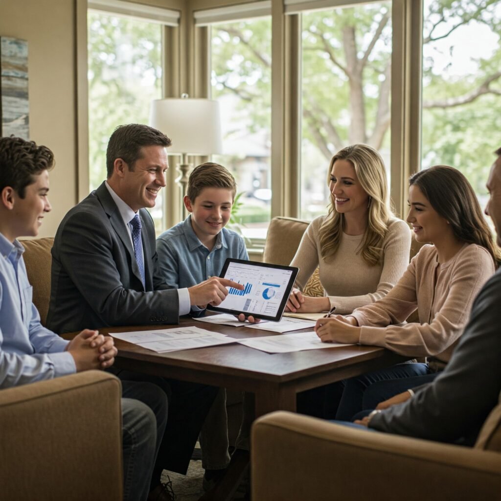 Smiling family meeting with tax advisor.