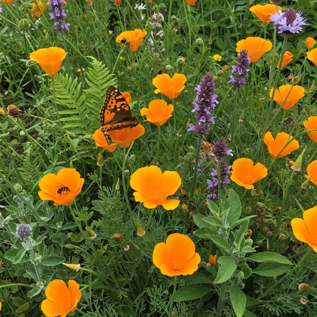 Native plants and pollinators in a biodiverse garden.