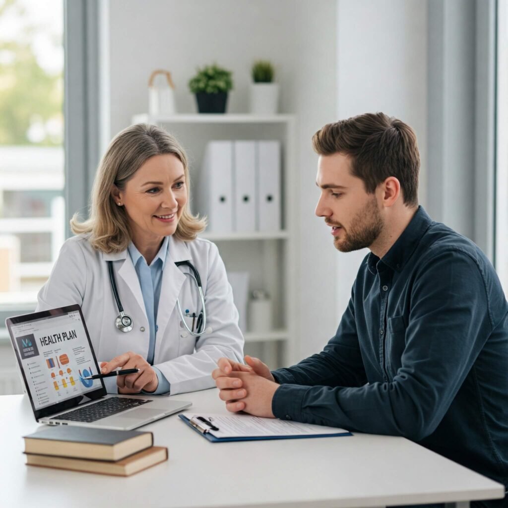 Doctor and patient discuss health plans.