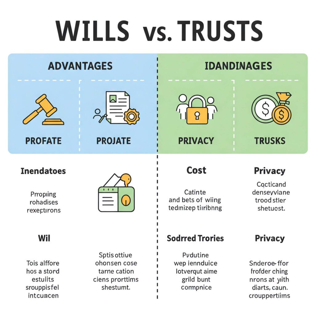 Infographic comparing wills and trusts.