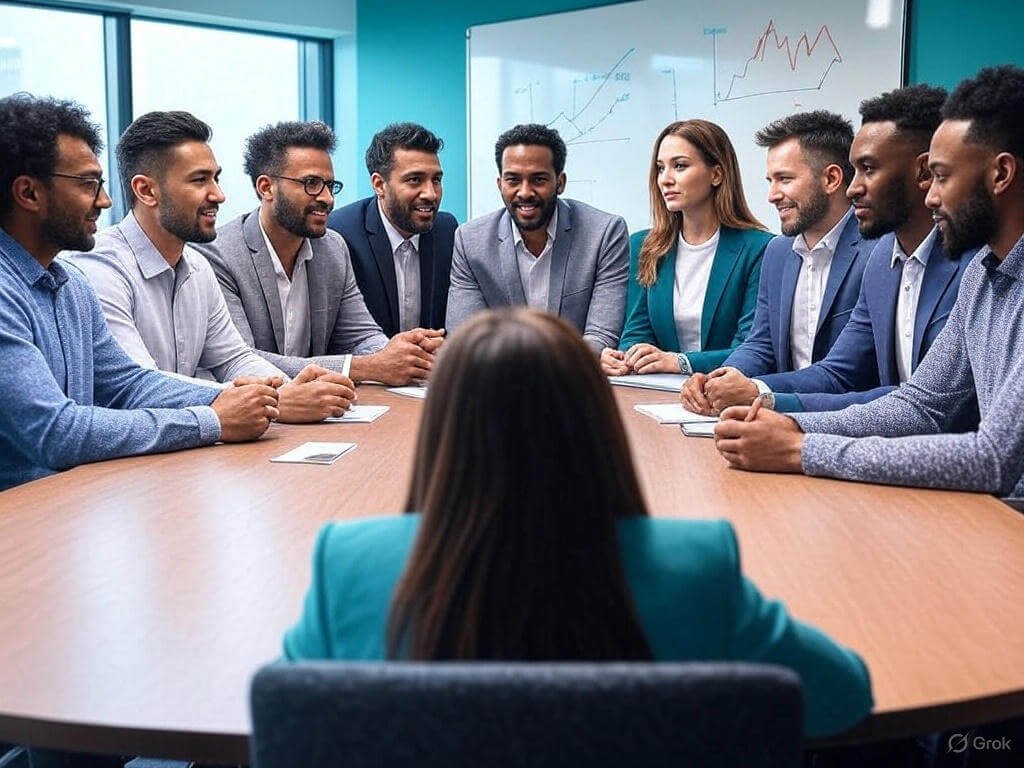 Diverse group in a collaborative meeting with a financial advisor