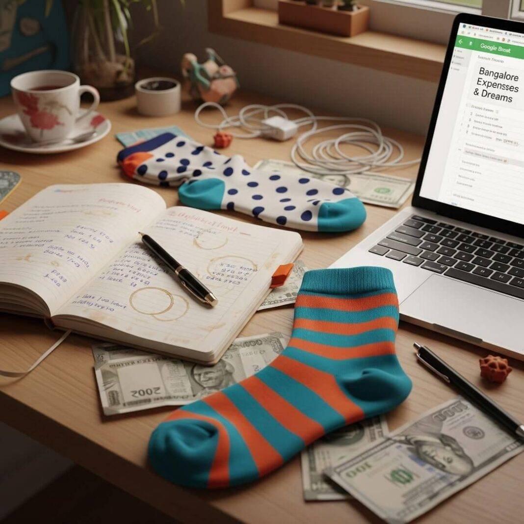 Cluttered desk with budgeting notebook, socks, laptop, and money.