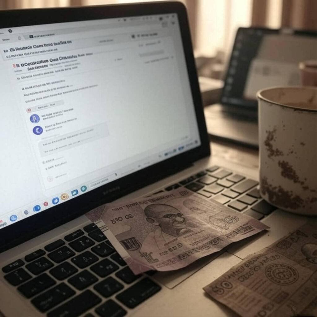 Chaotic Upwork desk with flickering bulb, mosquito coil