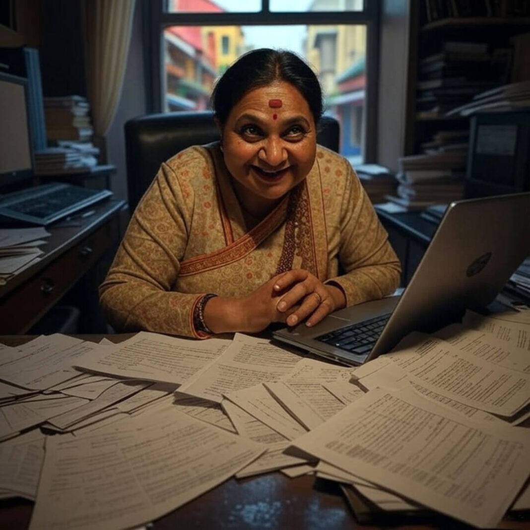 Chai-stained desk with tax chaos grin.