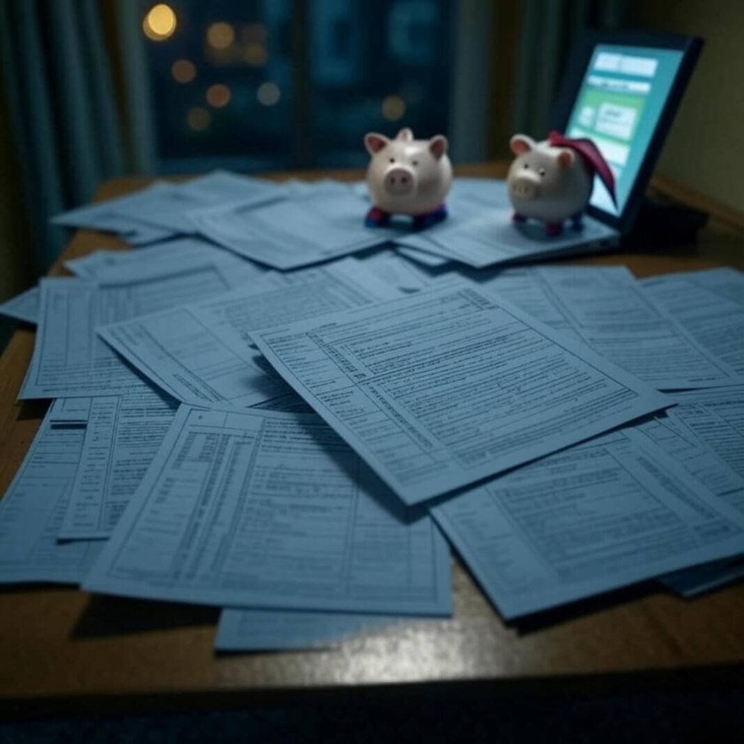 Messy desk with tax forms, piggy bank, laptop.