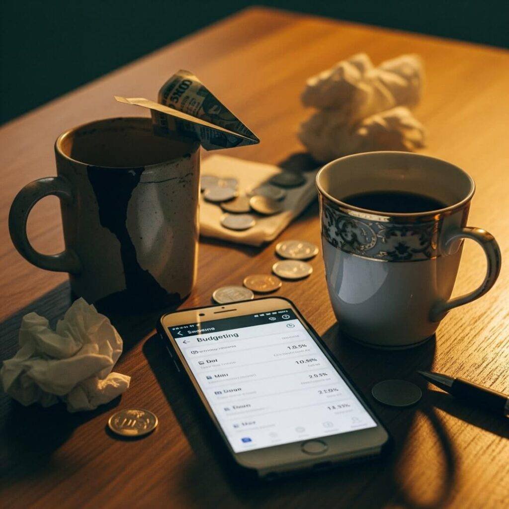 Coffee mugs, budgeting app on phone, rupee paper airplane.

