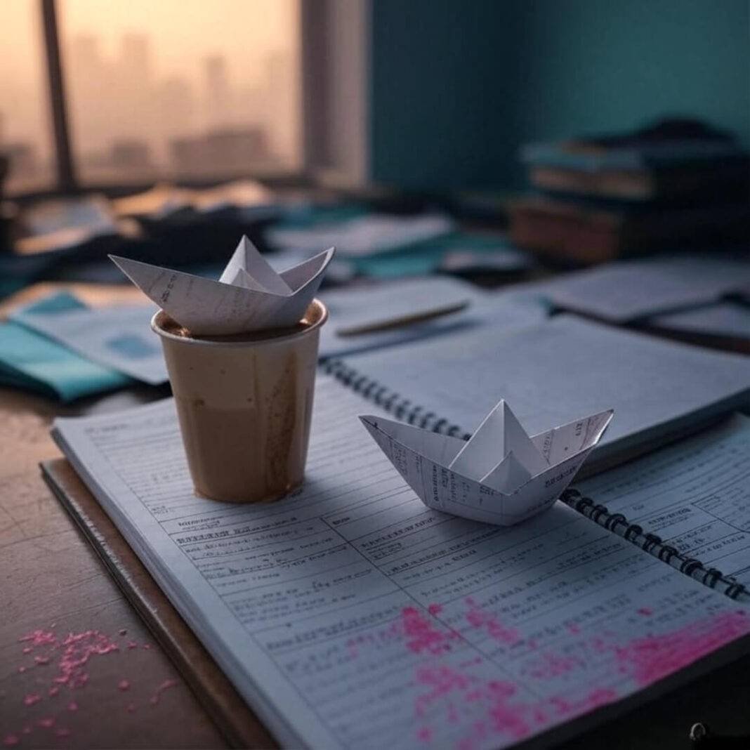 luttered Mumbai desk with chai, paper boat, skyline.